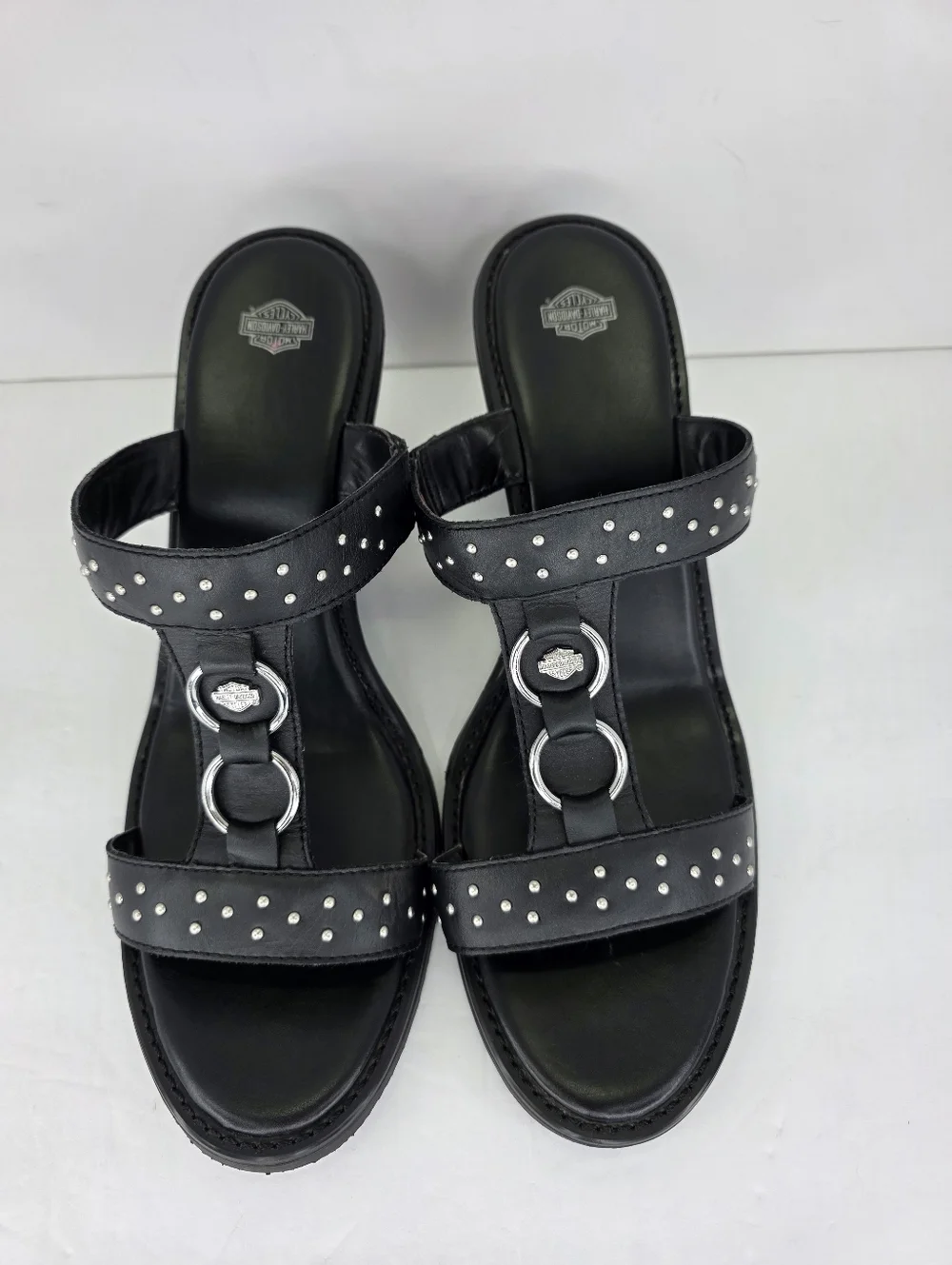 Harley Davidson Monica Women's Black‎ Double Strap Silver Wedge Sandals Size 10M